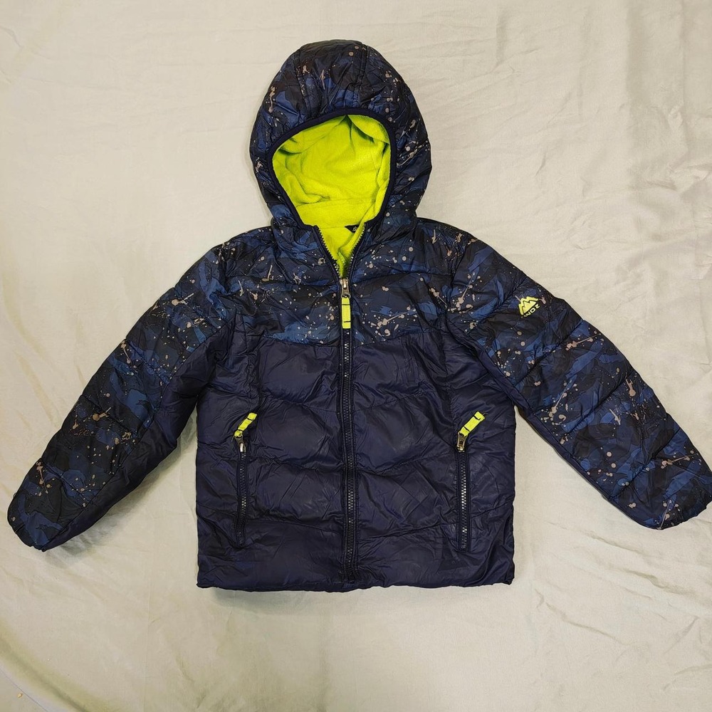 Snozu Boys Navy Blue Puffer Jacket Hooded Yellow Fleece Lined Size 6